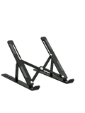 Black adjustable aluminum laptop stand with foldable holder featuring a sleek minimalist design and matte finish