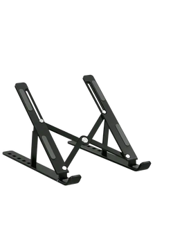 Black adjustable aluminum laptop stand with foldable holder featuring a sleek minimalist design and matte finish