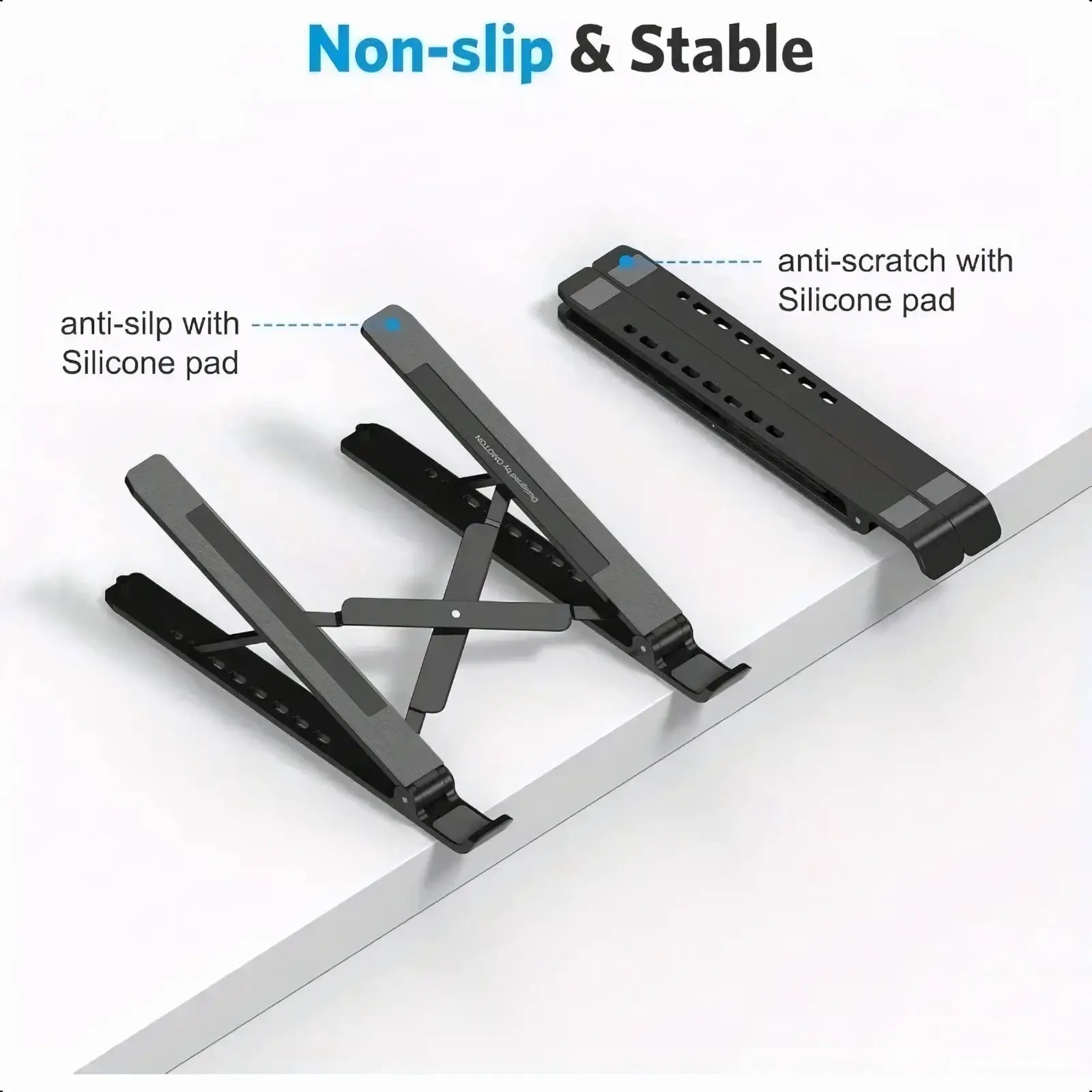 Adjustable aluminum laptop stand in black with silicone pads for non-slip stability and anti-scratch protection