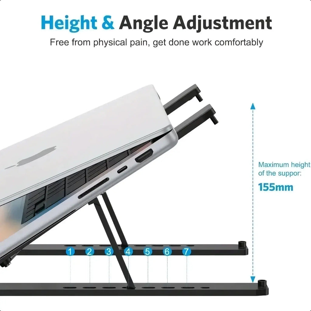 Black adjustable aluminum laptop stand supporting a silver macbook in a foldable holder design