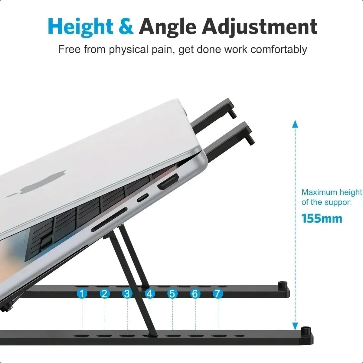 Black adjustable aluminum laptop stand supporting a silver macbook in a foldable holder design