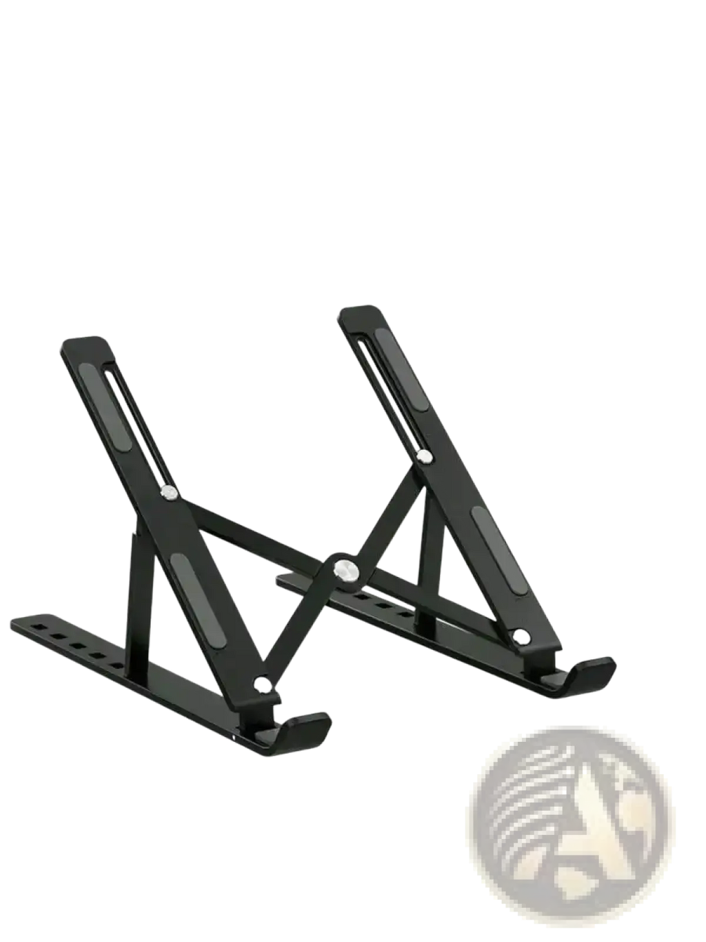 Black adjustable aluminum laptop stand with foldable holder featuring a sleek minimalist design and matte finish