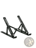 Black adjustable aluminum laptop stand with foldable holder featuring a sleek minimalist design and matte finish