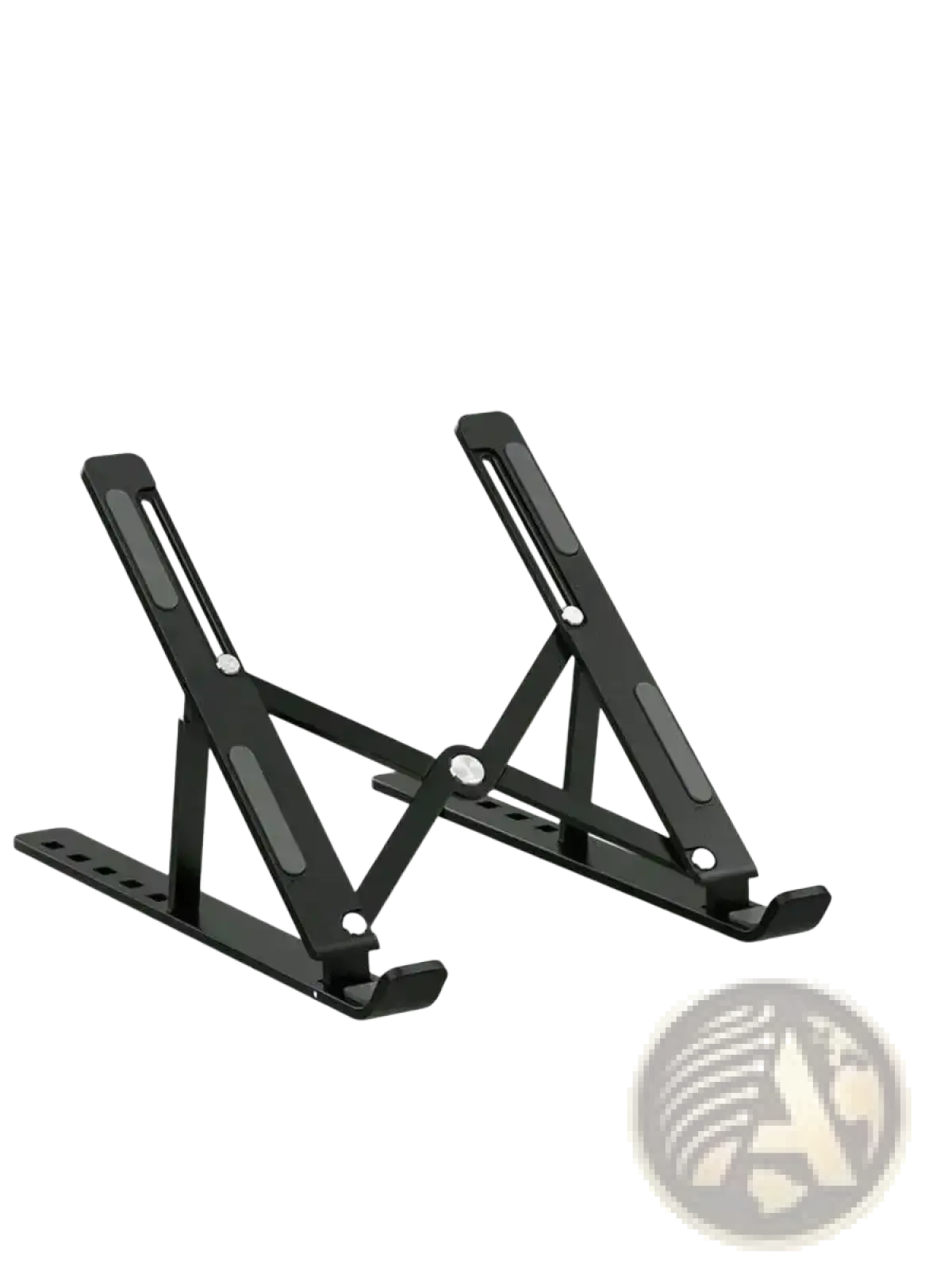 Black adjustable aluminum laptop stand with foldable holder featuring a sleek minimalist design and matte finish