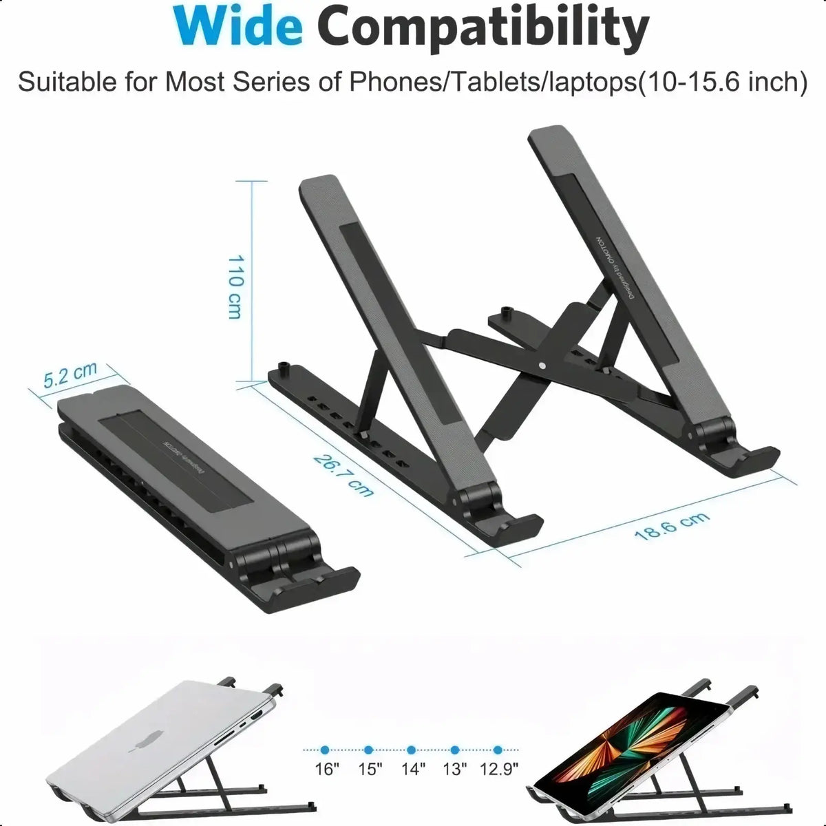 Black adjustable aluminum laptop stand with built-in cooling vents and sleek minimalist foldable design