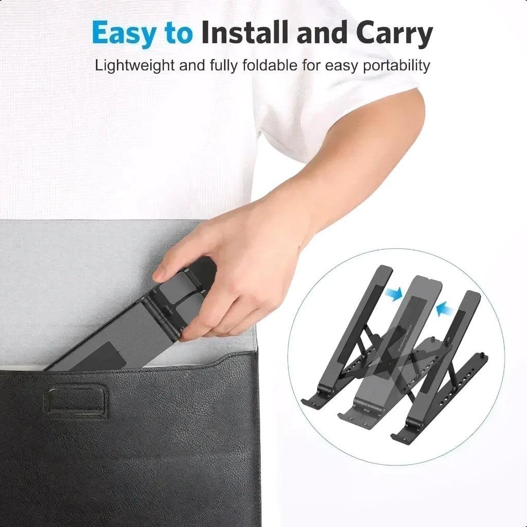 Black foldable aluminum laptop stand with sleek minimalist design and sturdy metal construction for adjustable use