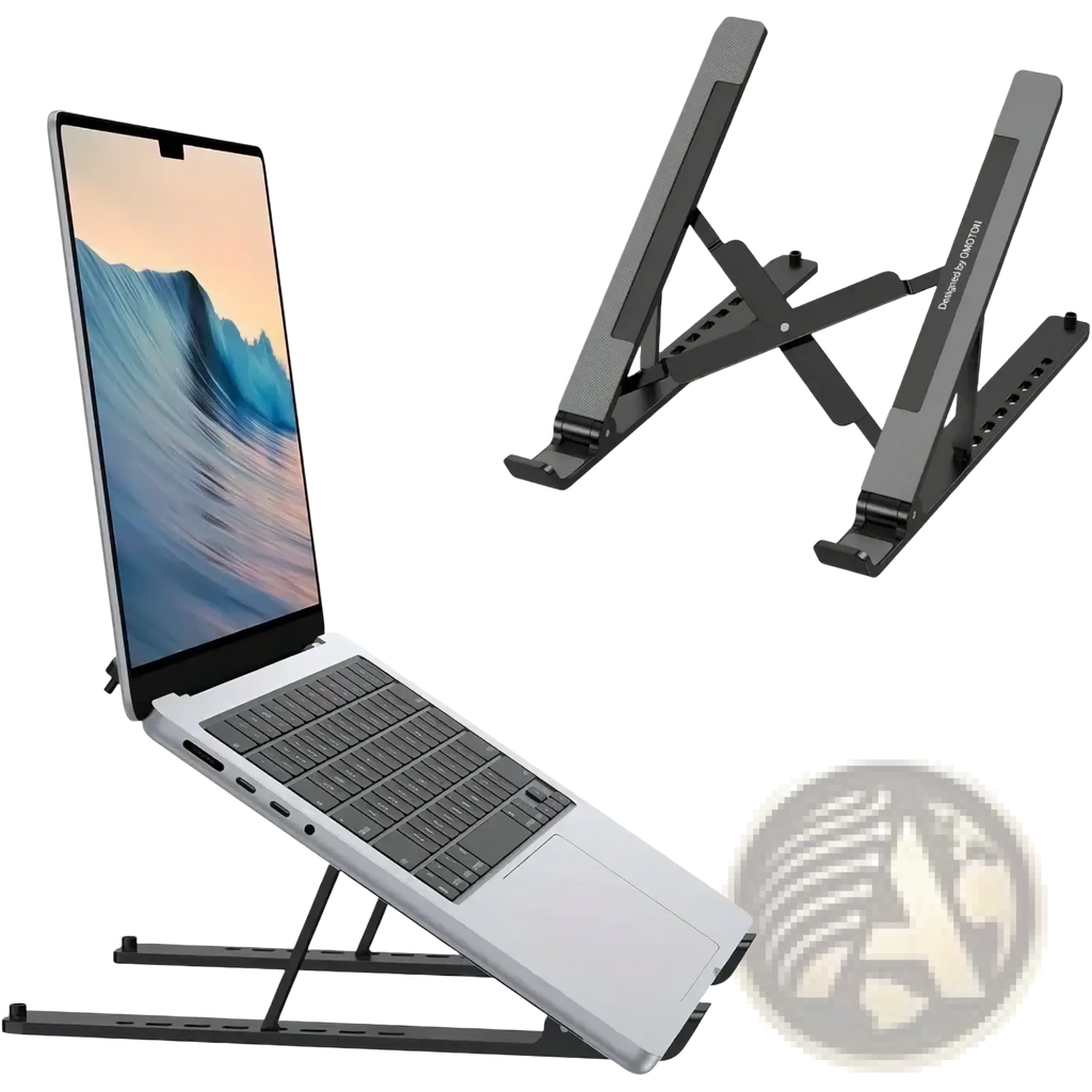 Adjustable aluminum laptop stand in black with a sleek minimalist design and matte finish for ergonomic use