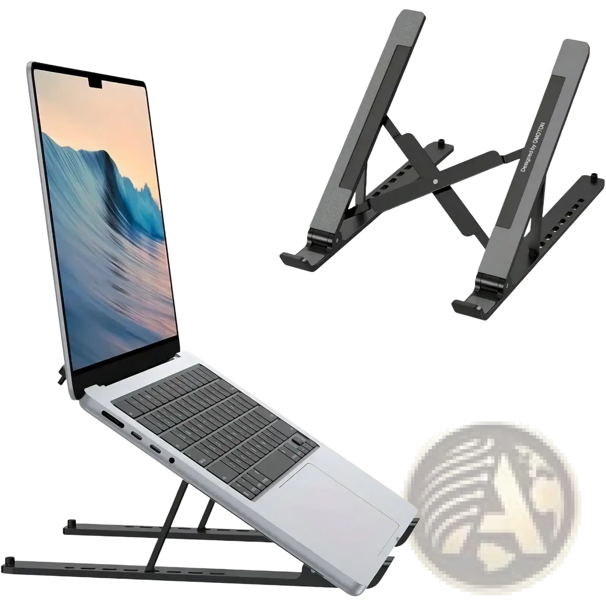 Adjustable aluminum laptop stand in black with a sleek minimalist design and matte finish for ergonomic use