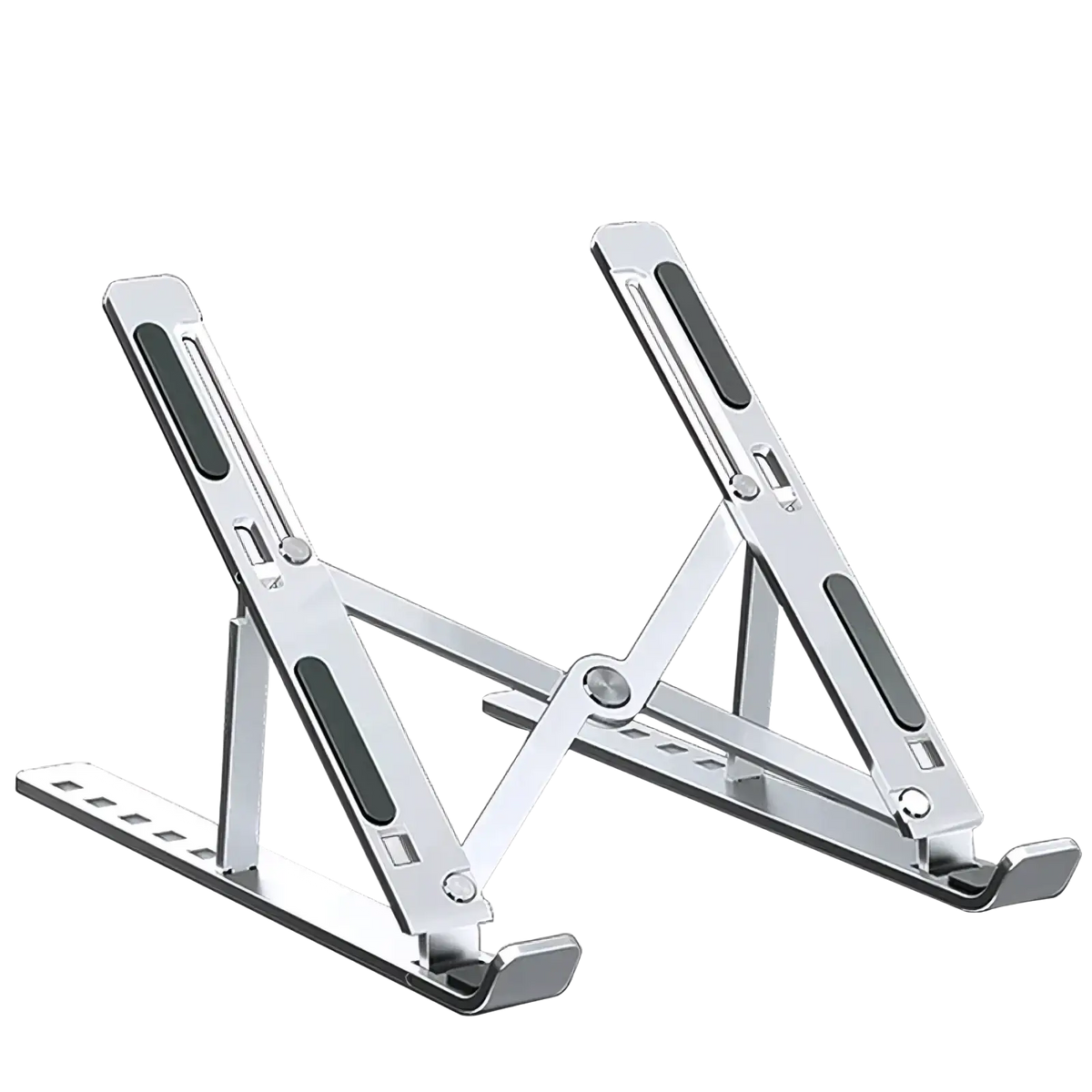 Adjustable aluminum laptop stand foldable holder in silver with black rubberized grip pads and adjustable design