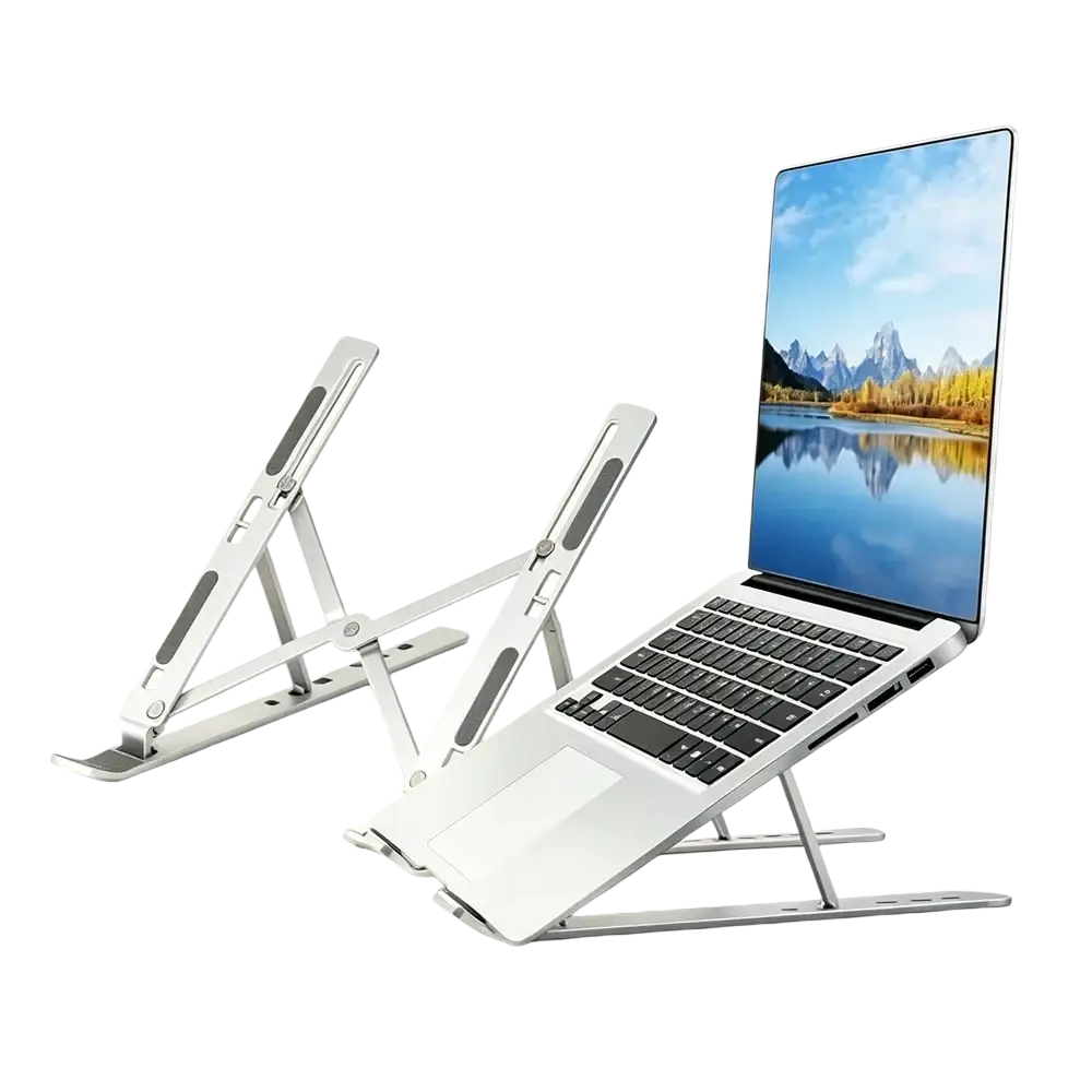 Silver adjustable aluminum laptop stand with matte finish and black rubberized grip panels foldable holder