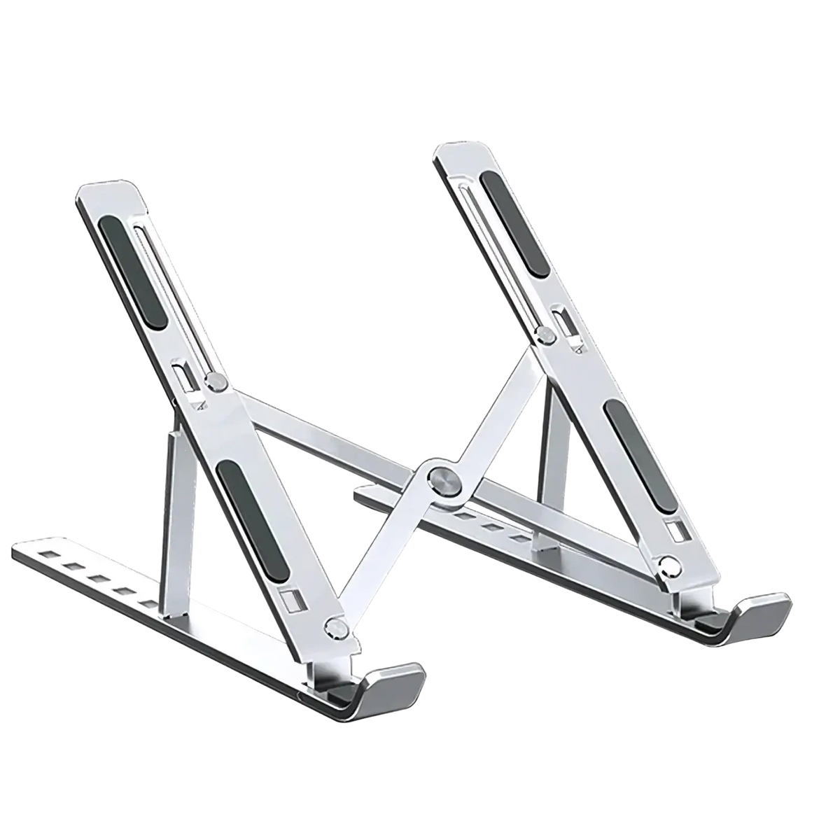 Adjustable aluminum laptop stand in silver with black rubberized grip pads and adjustable height settings for ergonomic use