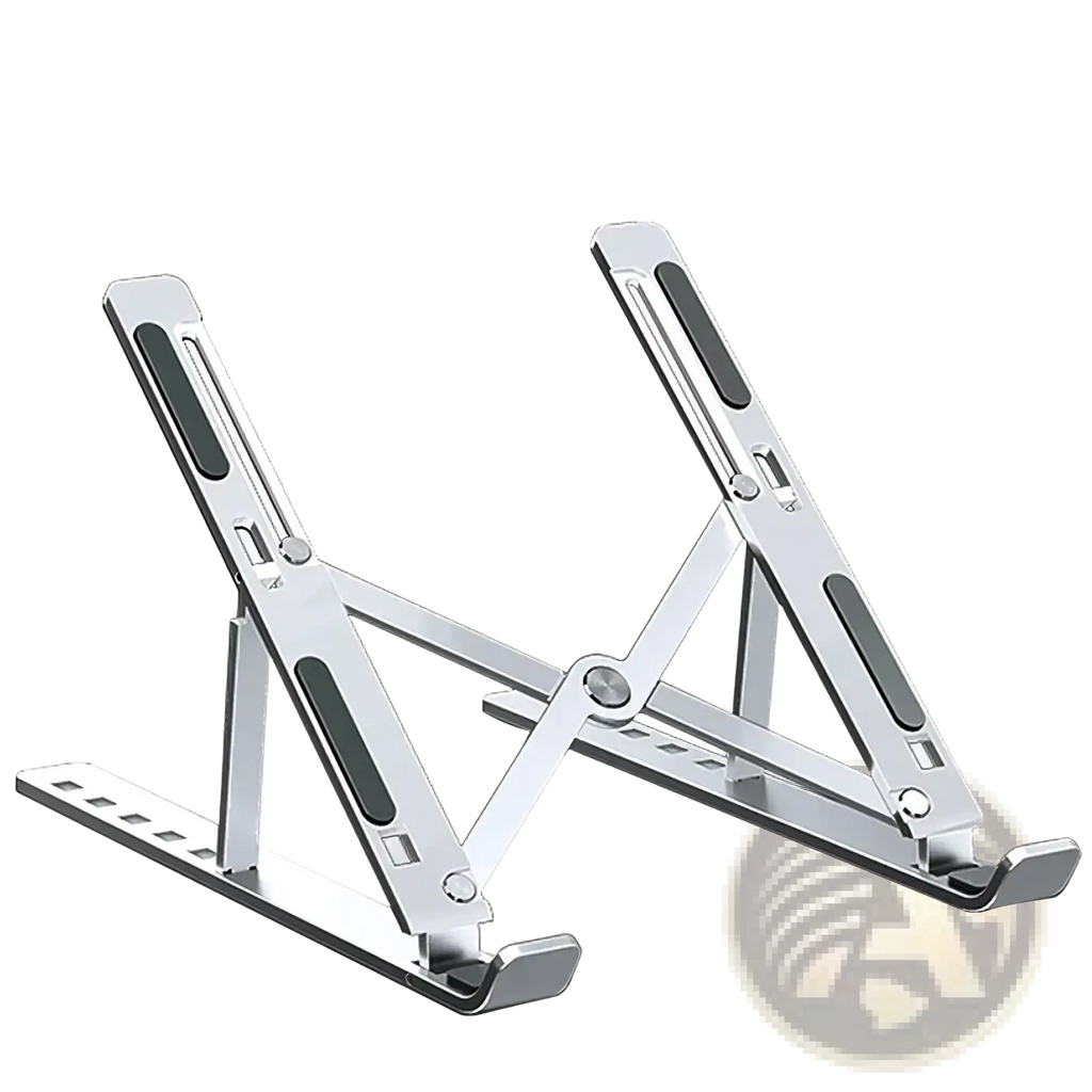 Adjustable aluminum laptop stand foldable holder in silver with black rubberized grip pads and adjustable design