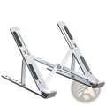 Adjustable aluminum laptop stand foldable holder in silver with black rubberized grip pads and adjustable design