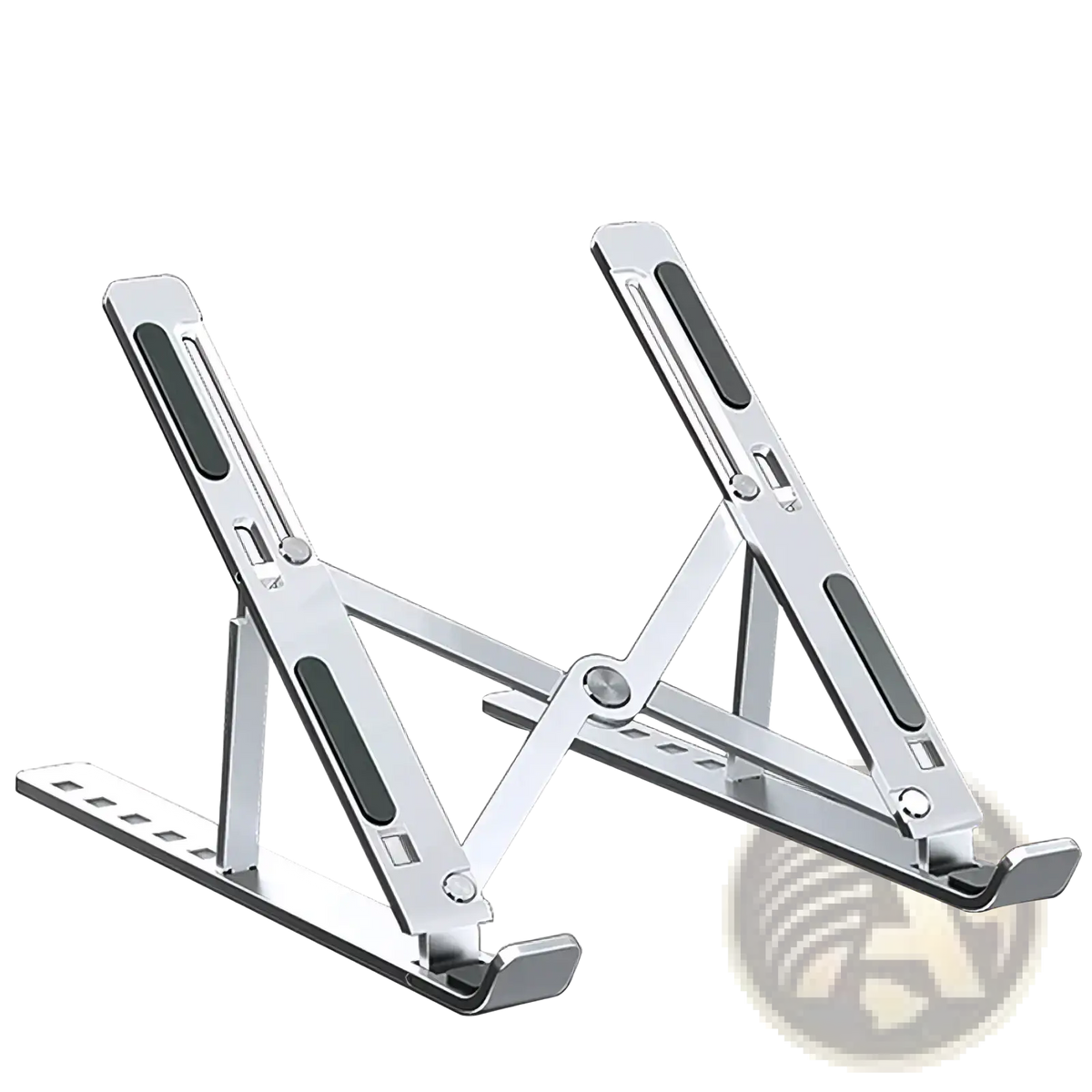 Adjustable aluminum laptop stand foldable holder in silver with black rubberized grip pads and adjustable design