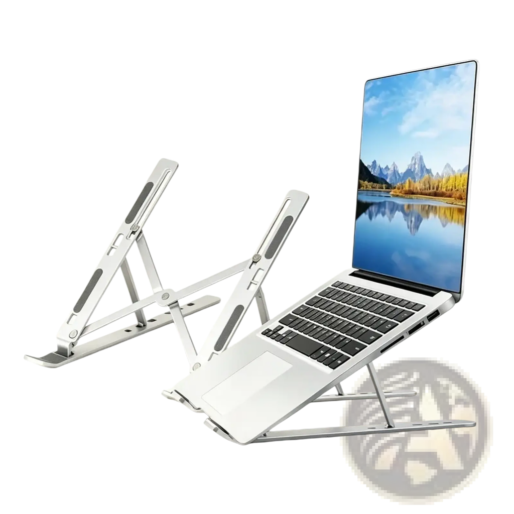 Silver adjustable aluminum laptop stand with matte finish and black rubberized grip panels foldable holder