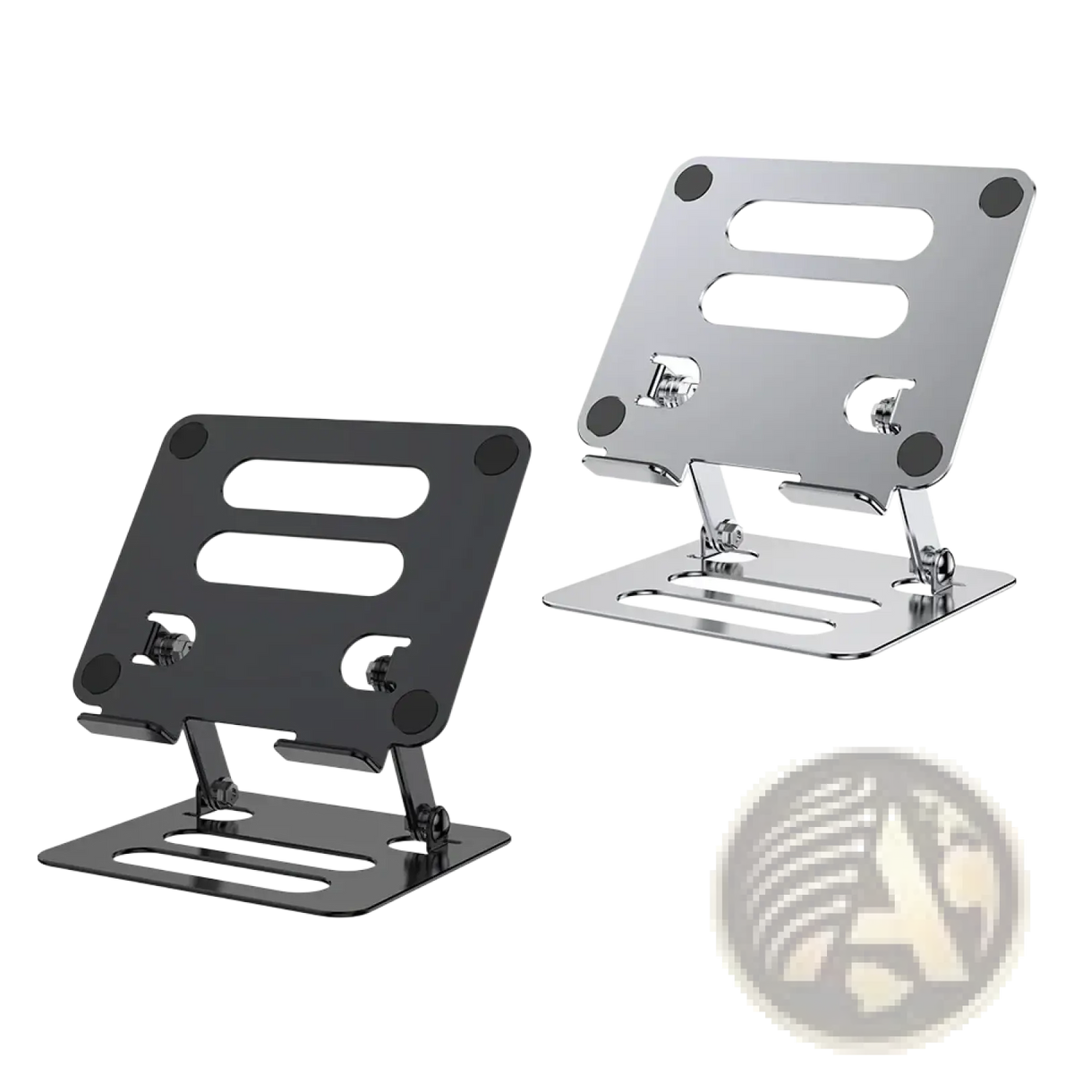 Adjustable aluminum tablet and phone stands in black and silver with metallic finish and rubber feet for stability