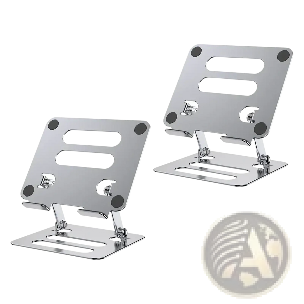 Silver metallic adjustable aluminum tablet and phone stand with sleek minimalist design and adjustable angles