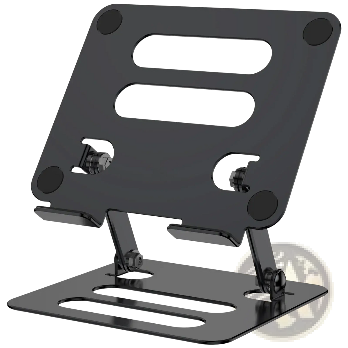 Adjustable aluminum tablet and phone stand in black metal with adjustable height angle and ventilation cutout slots