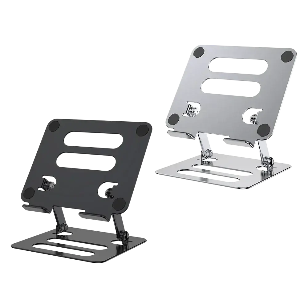 Adjustable aluminum tablet and phone stands in black and silver with metallic finish and rubber feet for stability