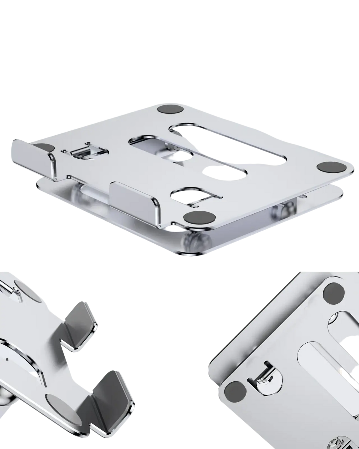 Silver anti-slip silicone pads with metallic frame and circular adhesive bases for adjustable aluminum tablet and phone stand