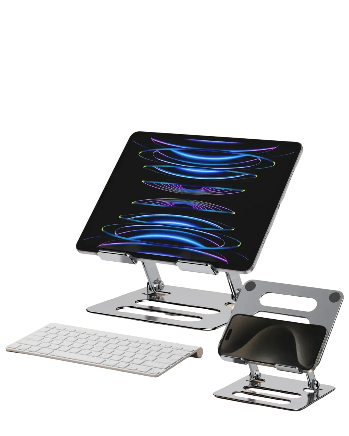 Adjustable aluminum tablet and phone stand in silver metallic with 2-in-1 design and adjustable angles for optimal viewing