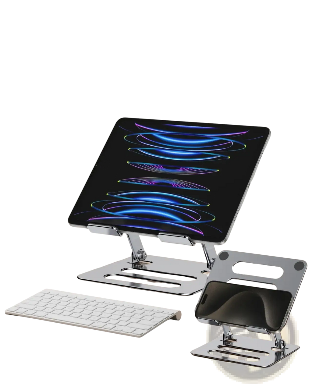 Adjustable aluminum tablet and phone stand in silver metallic with 2-in-1 design and adjustable angles for optimal viewing