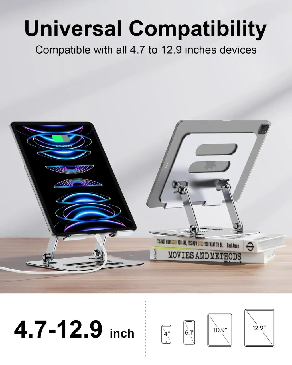 Silver metallic adjustable aluminum tablet and phone stand with sleek minimalist design and adjustable arms