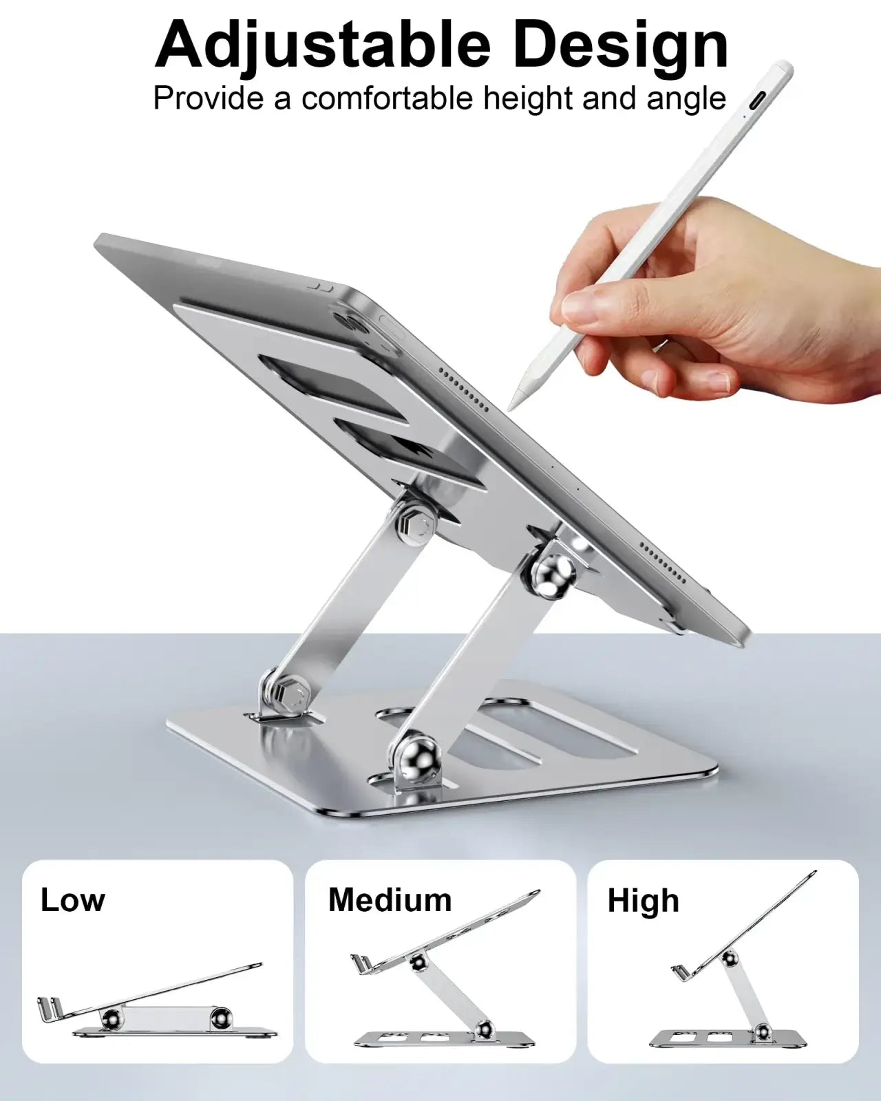 Adjustable aluminum tablet and phone stand in silver metallic with three height settings and a minimalist ergonomic design