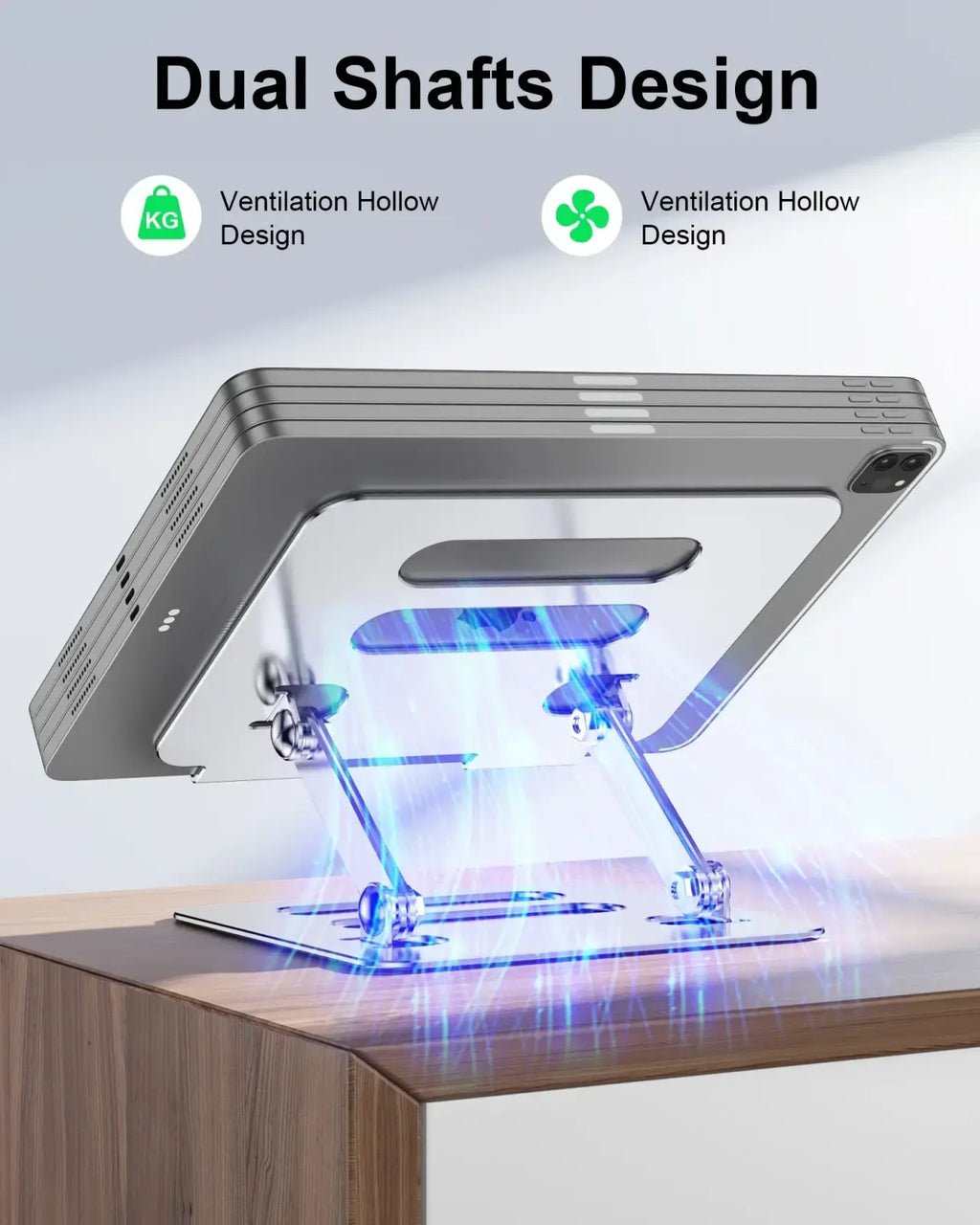 Adjustable aluminum tablet and phone stand in silver metallic with dual shafts and ventilation hollow design