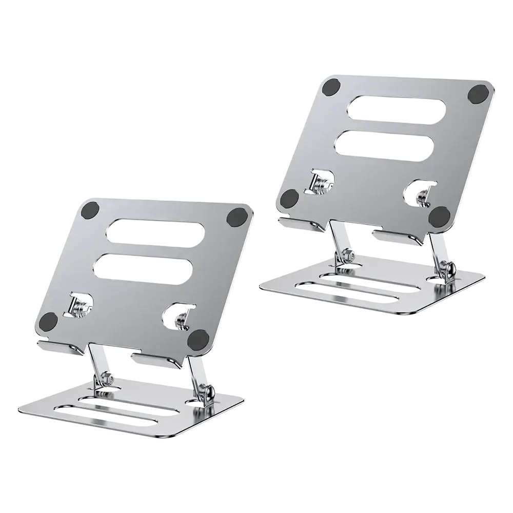 Silver metallic adjustable aluminum tablet and phone stand with sleek minimalist design and adjustable angles