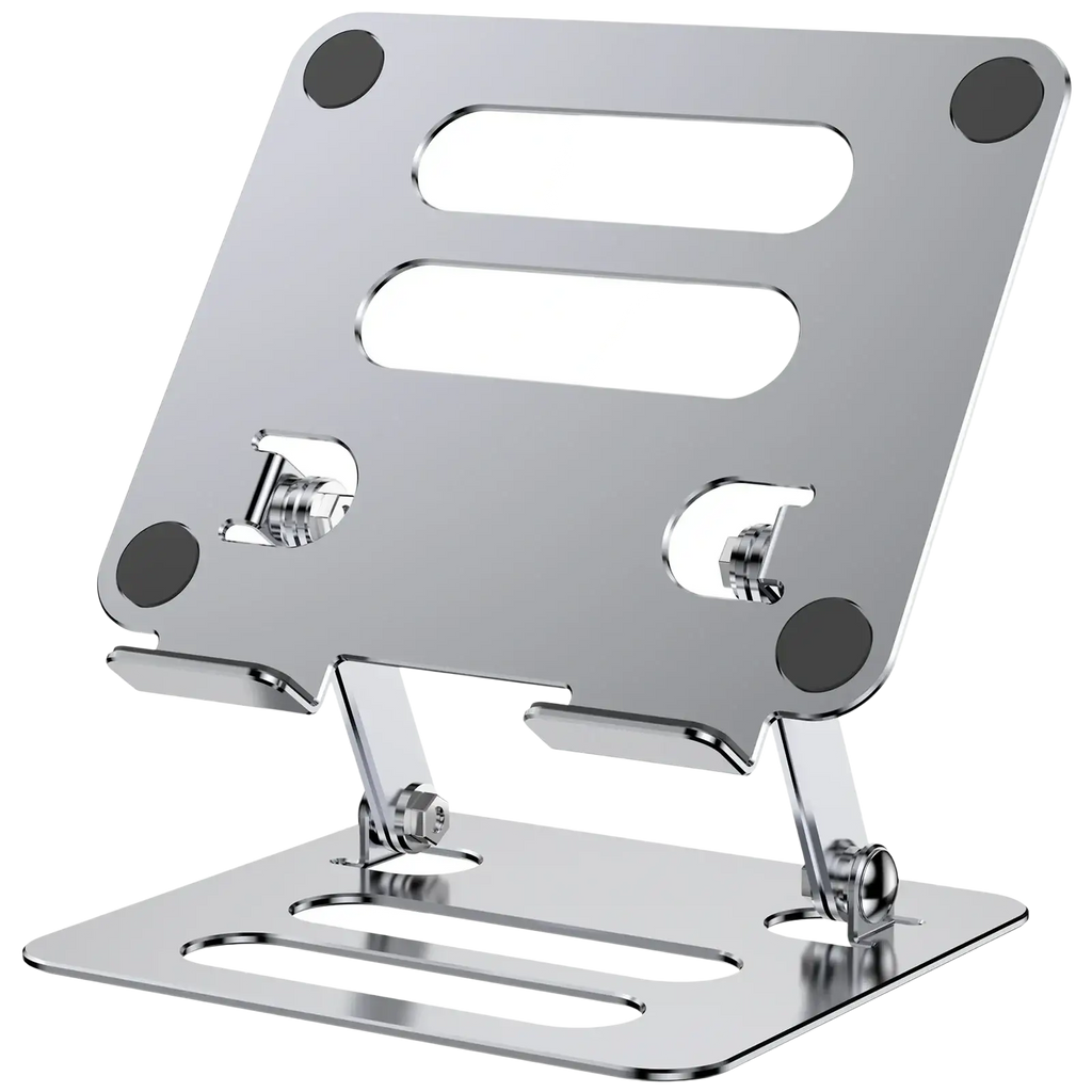 Adjustable aluminum tablet and phone stand in silver metal with sleek minimalist design and black rubber feet for stability
