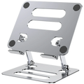 Adjustable aluminum tablet and phone stand in silver metal with sleek minimalist design and black rubber feet for stability
