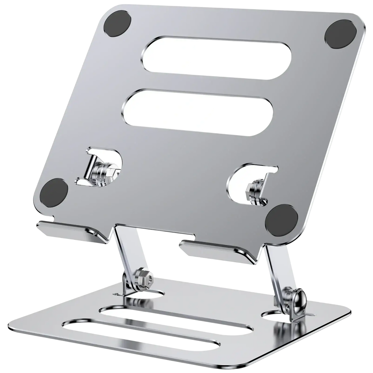 Adjustable aluminum tablet and phone stand in silver metal with sleek minimalist design and black rubber feet for stability