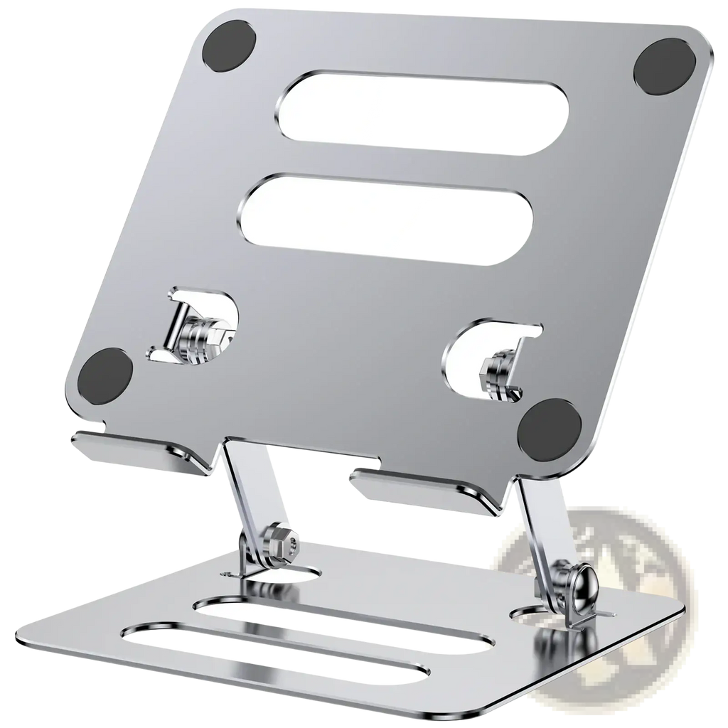 Adjustable aluminum tablet and phone stand in silver metal with sleek minimalist design and black rubber feet for stability