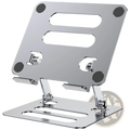Adjustable aluminum tablet and phone stand in silver metal with sleek minimalist design and black rubber feet for stability