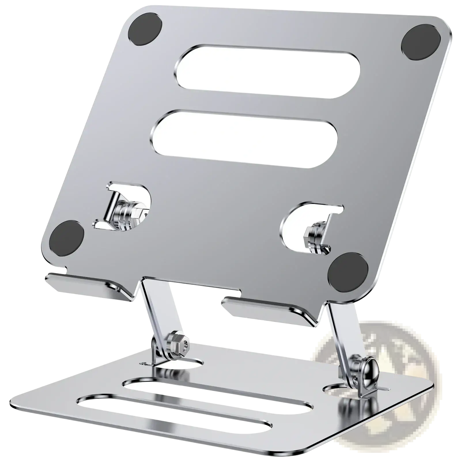 Adjustable aluminum tablet and phone stand in silver metal with sleek minimalist design and black rubber feet for stability