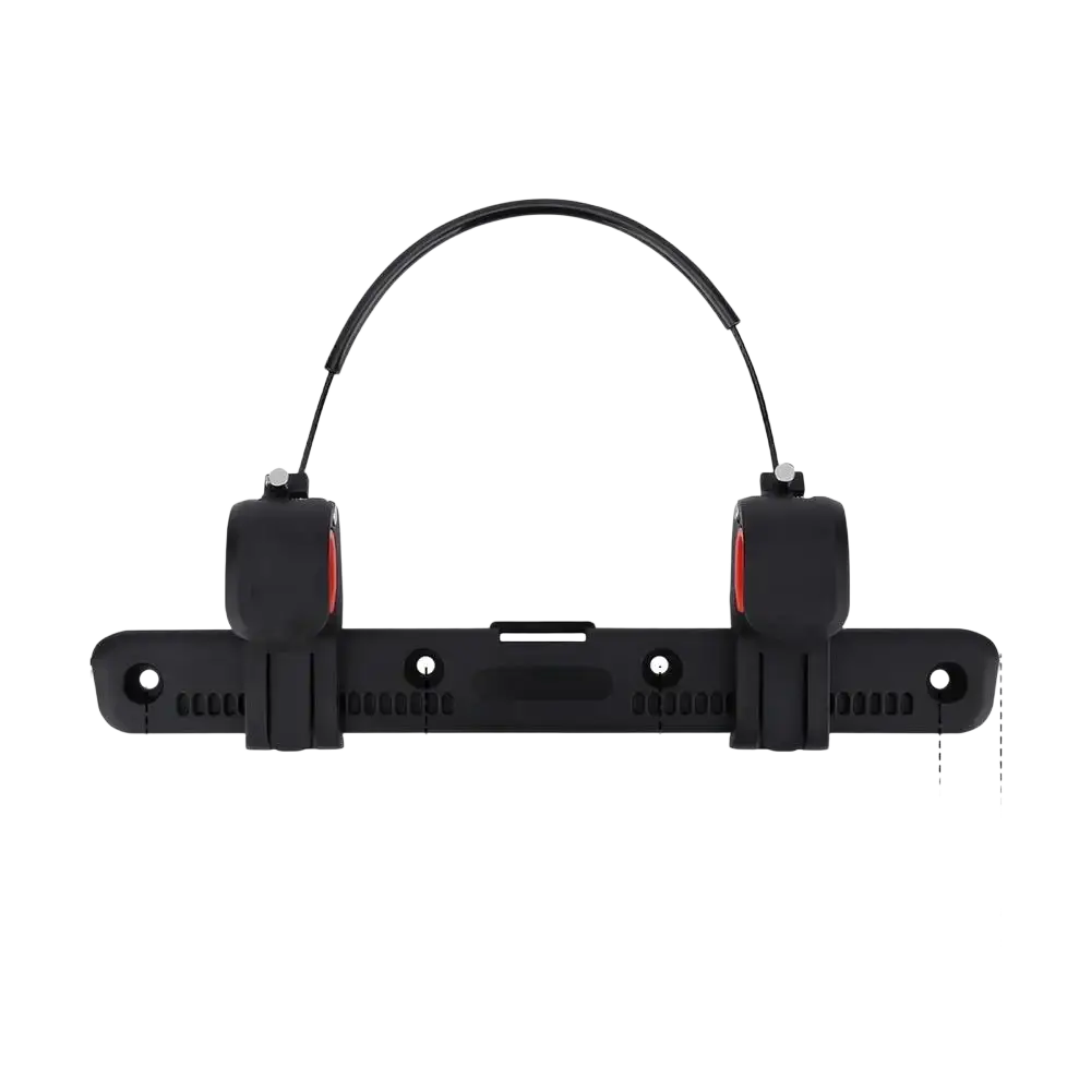 Adjustable bicycle pannier bag clip and rack buckle in black with red accents and adjustable clamps for secure mounting