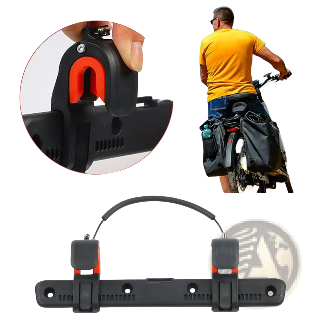 Adjustable bicycle pannier bag clip and rack buckle in black and orange with adjustable clamps for secure frame attachment