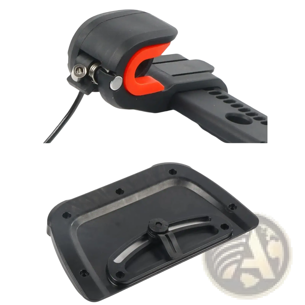 Black and orange adjustable bicycle pannier bag clip and rack buckle with rectangular base plate handlebar mount