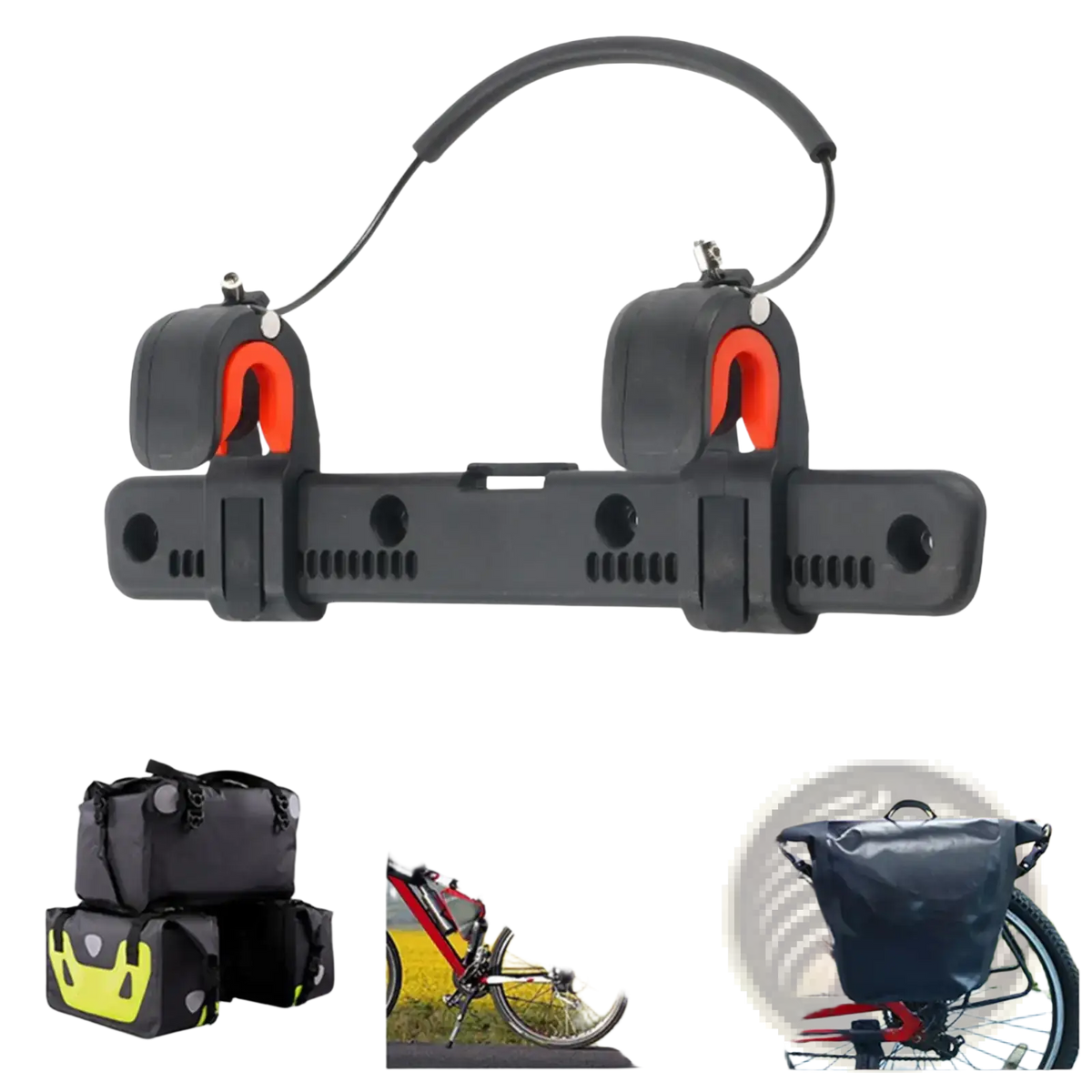 Black and orange adjustable bicycle pannier bag clip and rack buckle with central bar and two clamps for securing bags