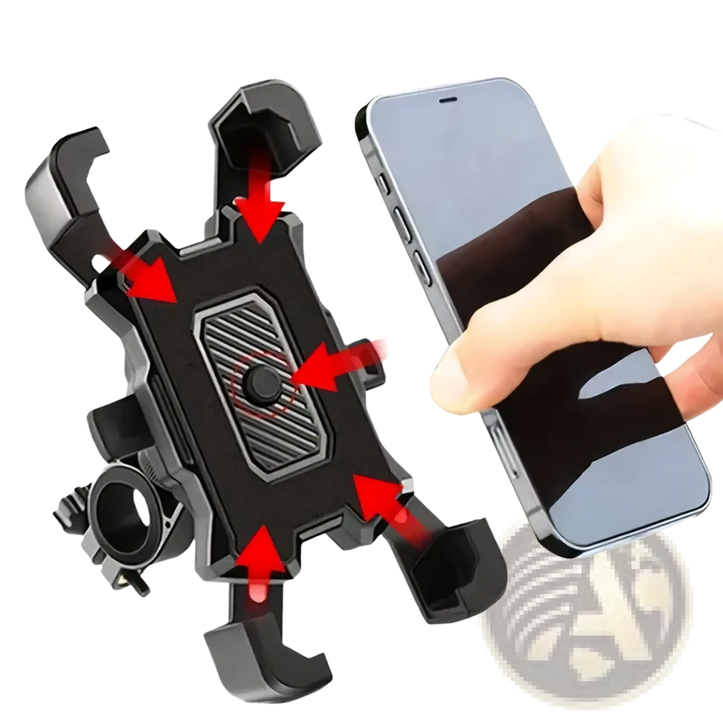 Black adjustable bicycle phone holder with 360-degree rotation, textured grip, and adjustable clamps for secure mounting