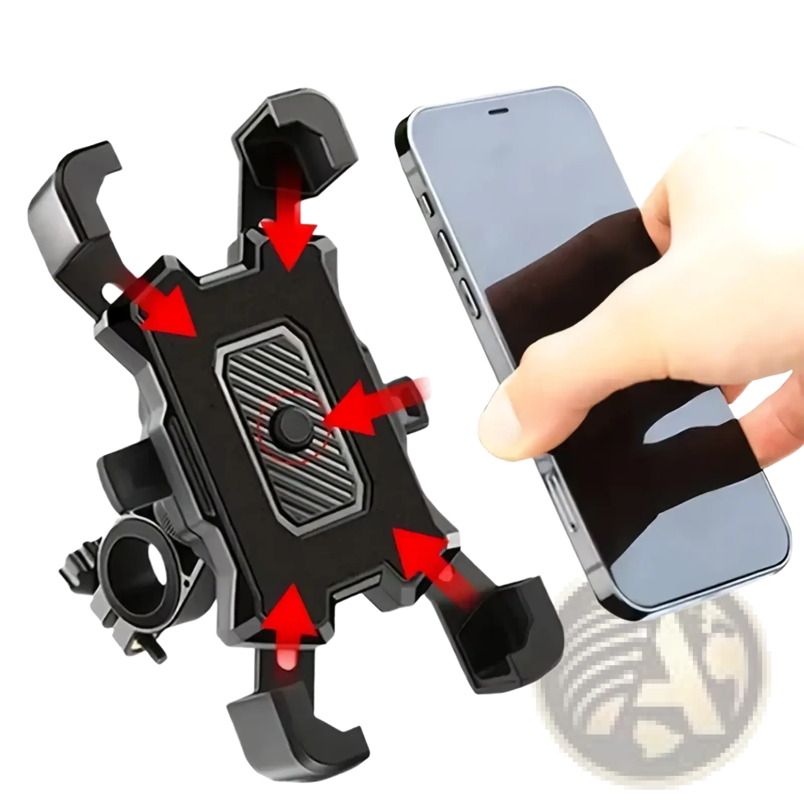 Black adjustable bicycle phone holder with 360-degree rotation, textured grip, and adjustable clamps for secure mounting