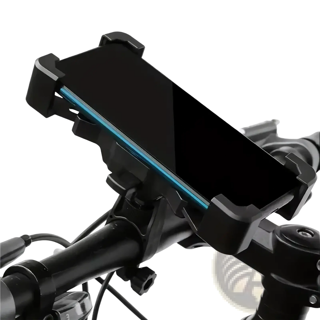 Adjustable bicycle phone holder black plastic 360 rotatable bike handlebar mount holding a smartphone