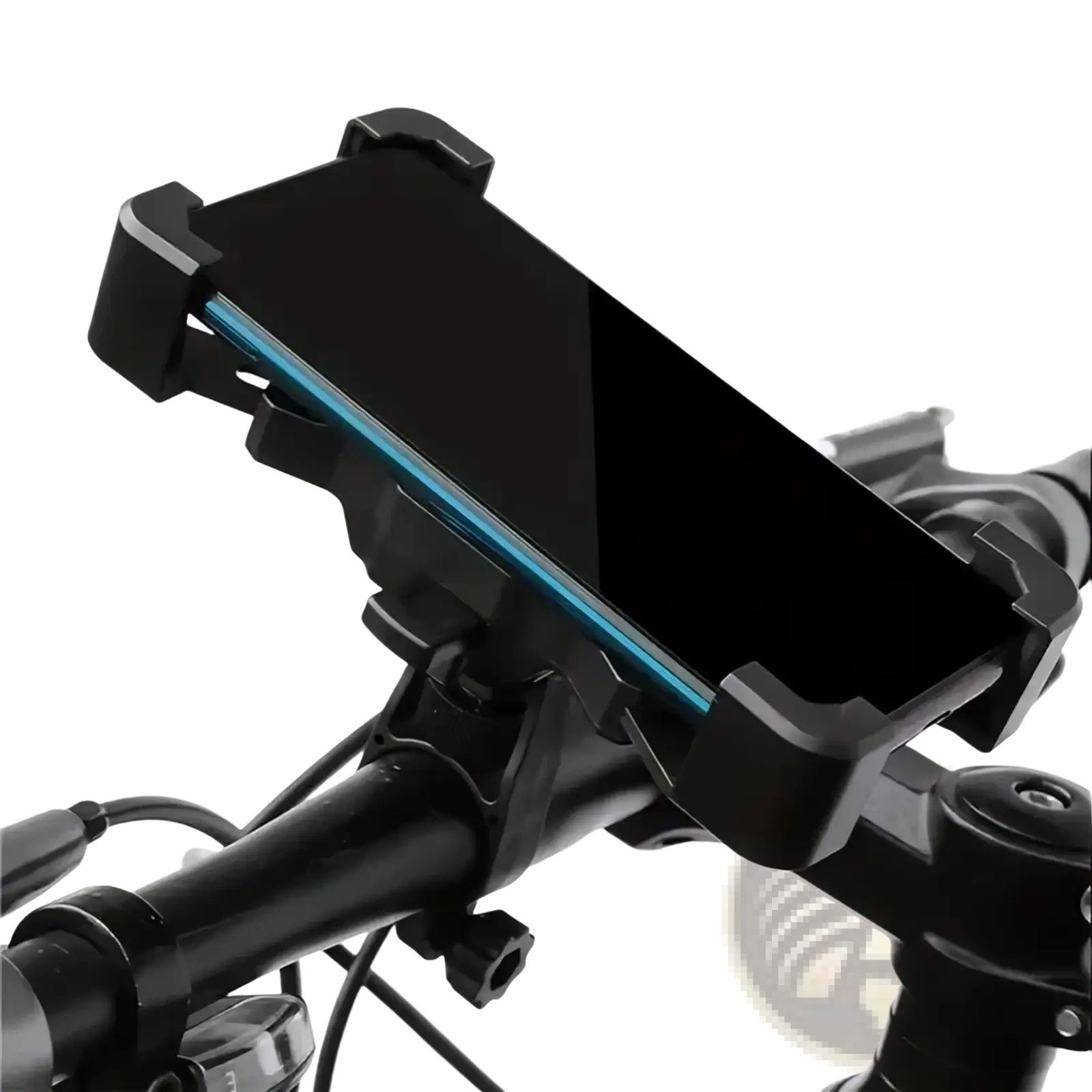 Adjustable bicycle phone holder black plastic 360 rotatable bike handlebar mount holding a smartphone
