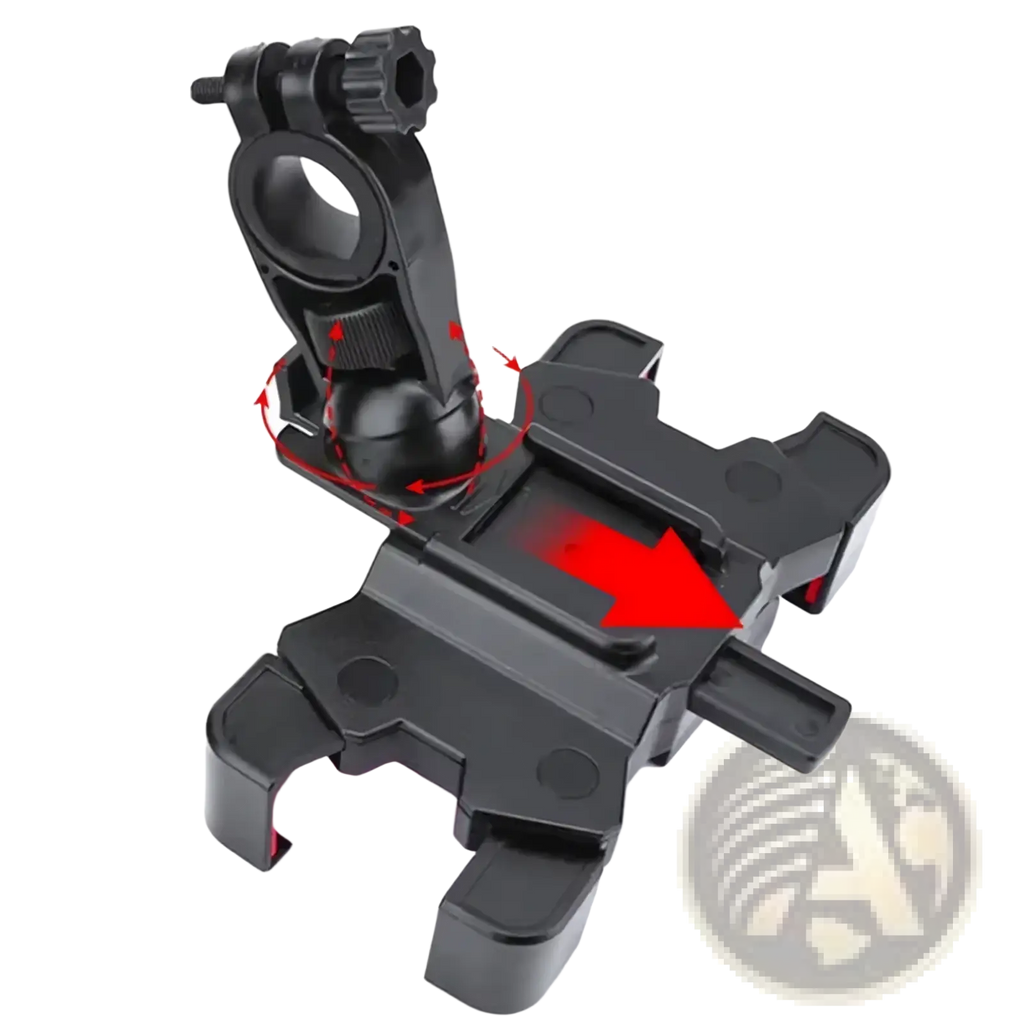 Black plastic adjustable bicycle phone holder with 360 rotatable mount showing back side and swivel joint