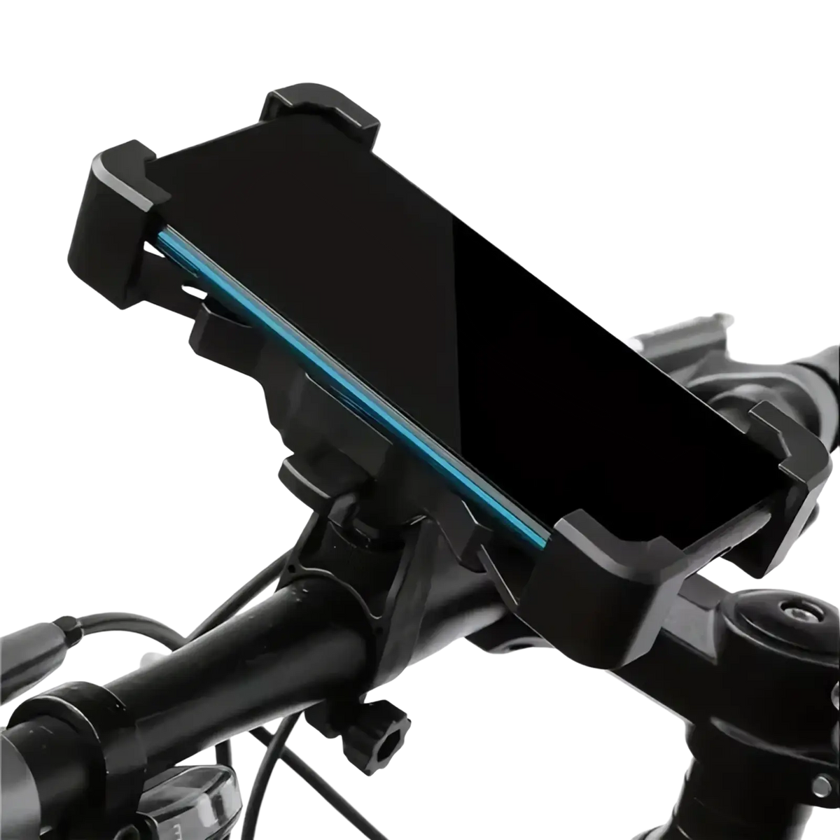Adjustable bicycle phone holder black plastic 360 rotatable bike handlebar mount holding a smartphone