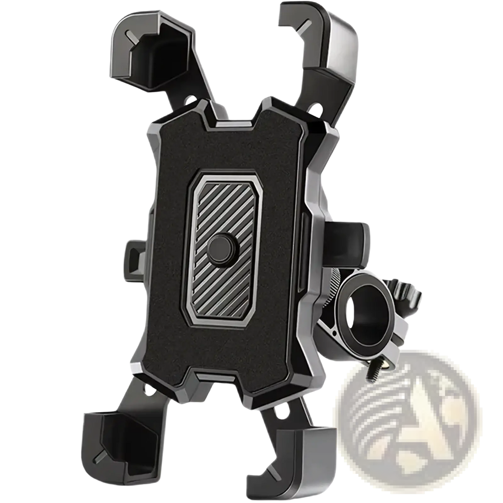 Adjustable bicycle phone holder 360 rotatable mount in black and silver with rugged angular design and secure adjustable clamps