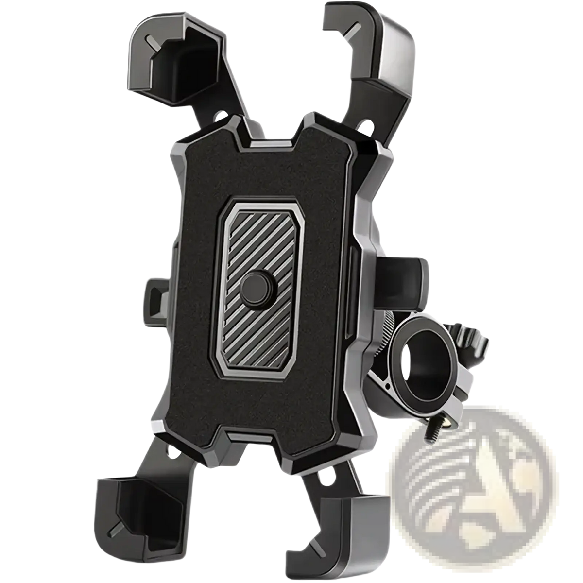 Adjustable bicycle phone holder 360 rotatable mount in black and silver with rugged angular design and secure adjustable clamps