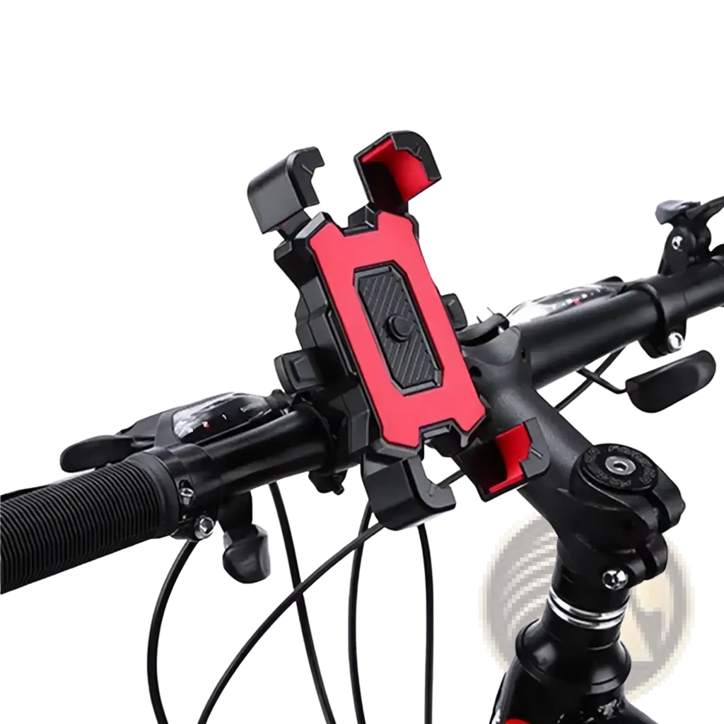 Adjustable bicycle phone holder 360 rotatable red and black handlebar mount with textured grip area for secure use