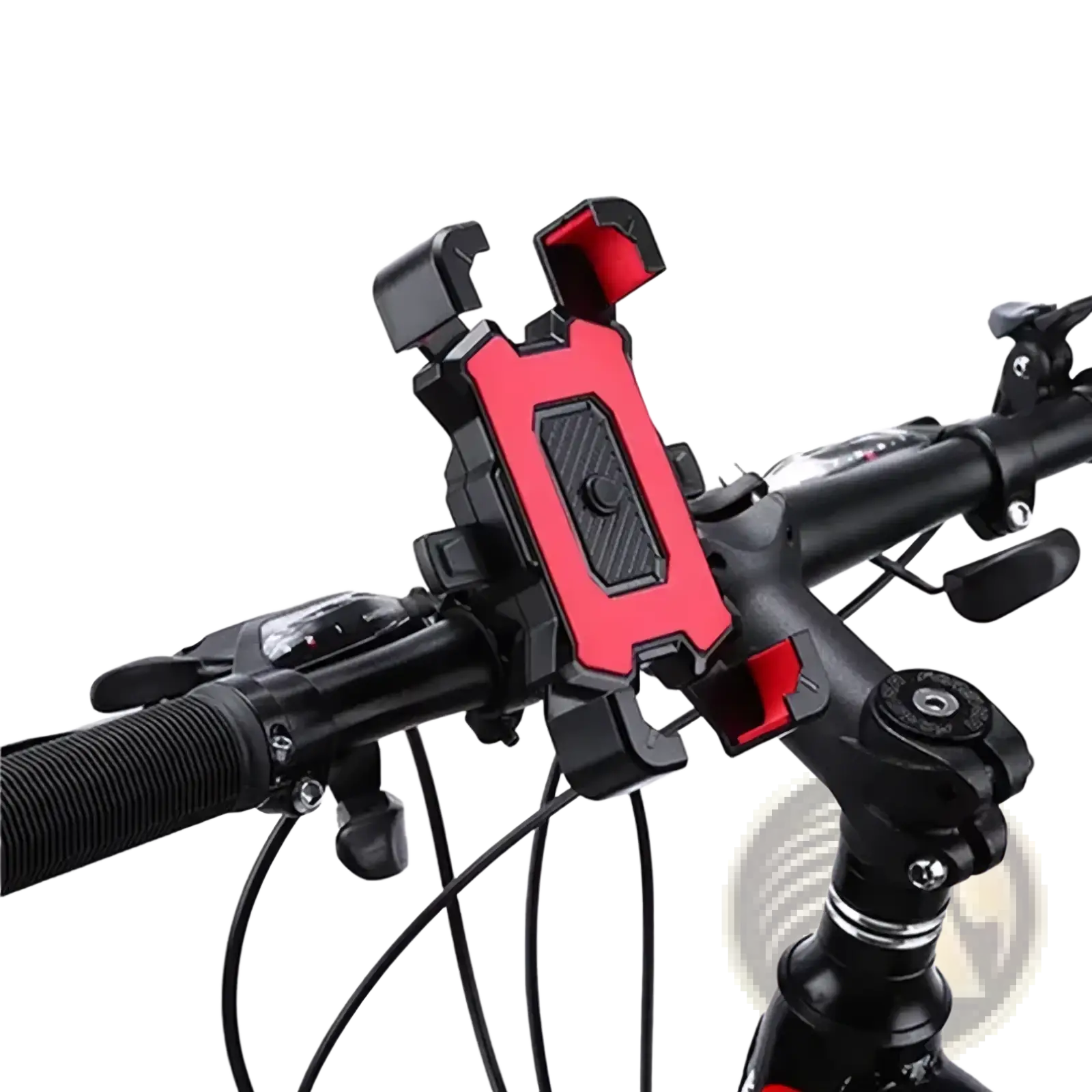 Adjustable bicycle phone holder 360 rotatable red and black handlebar mount with textured grip area for secure use